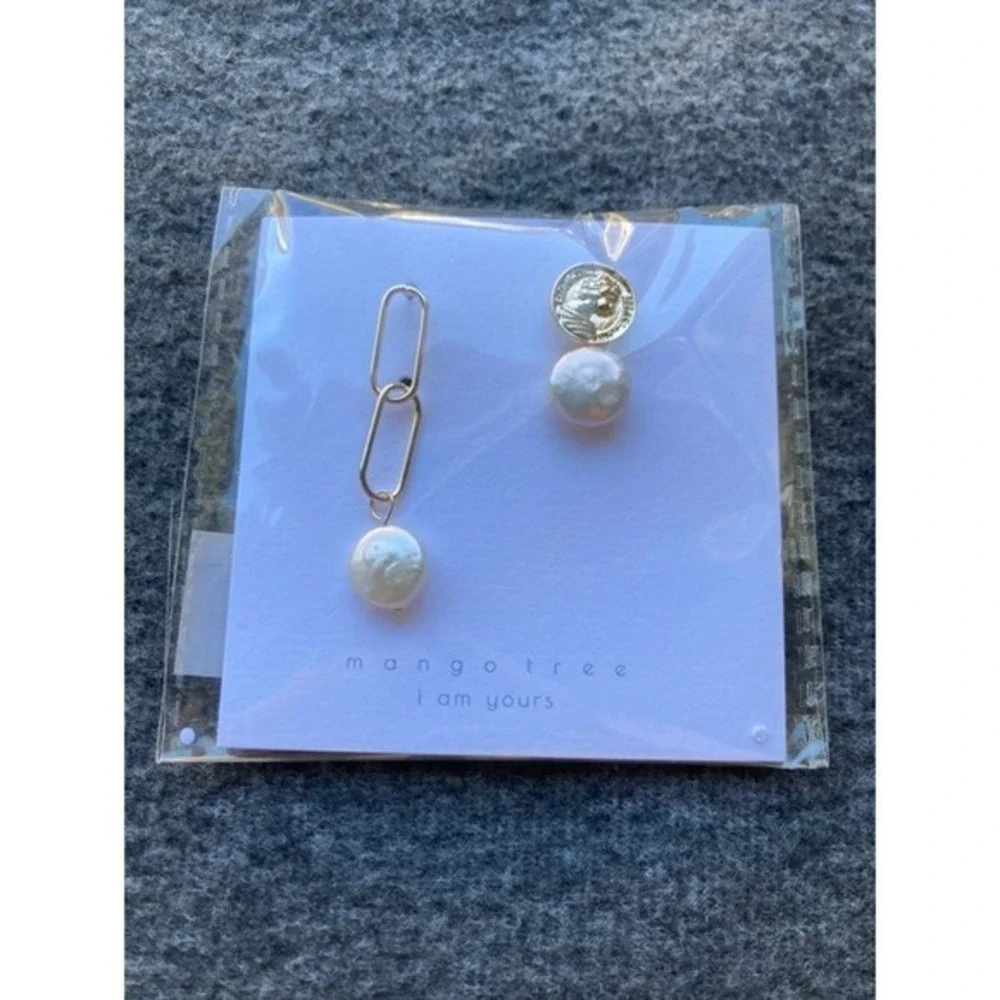 Asymmetric Real Pearl Trio Earrings Set – Unique Drop & Stud Combo Geometric New